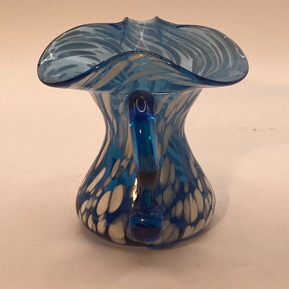 Rainbow Small Mini Pitcher Splatter Vase Blue White Hand Blown Hand Painted - Picture 2 of 13